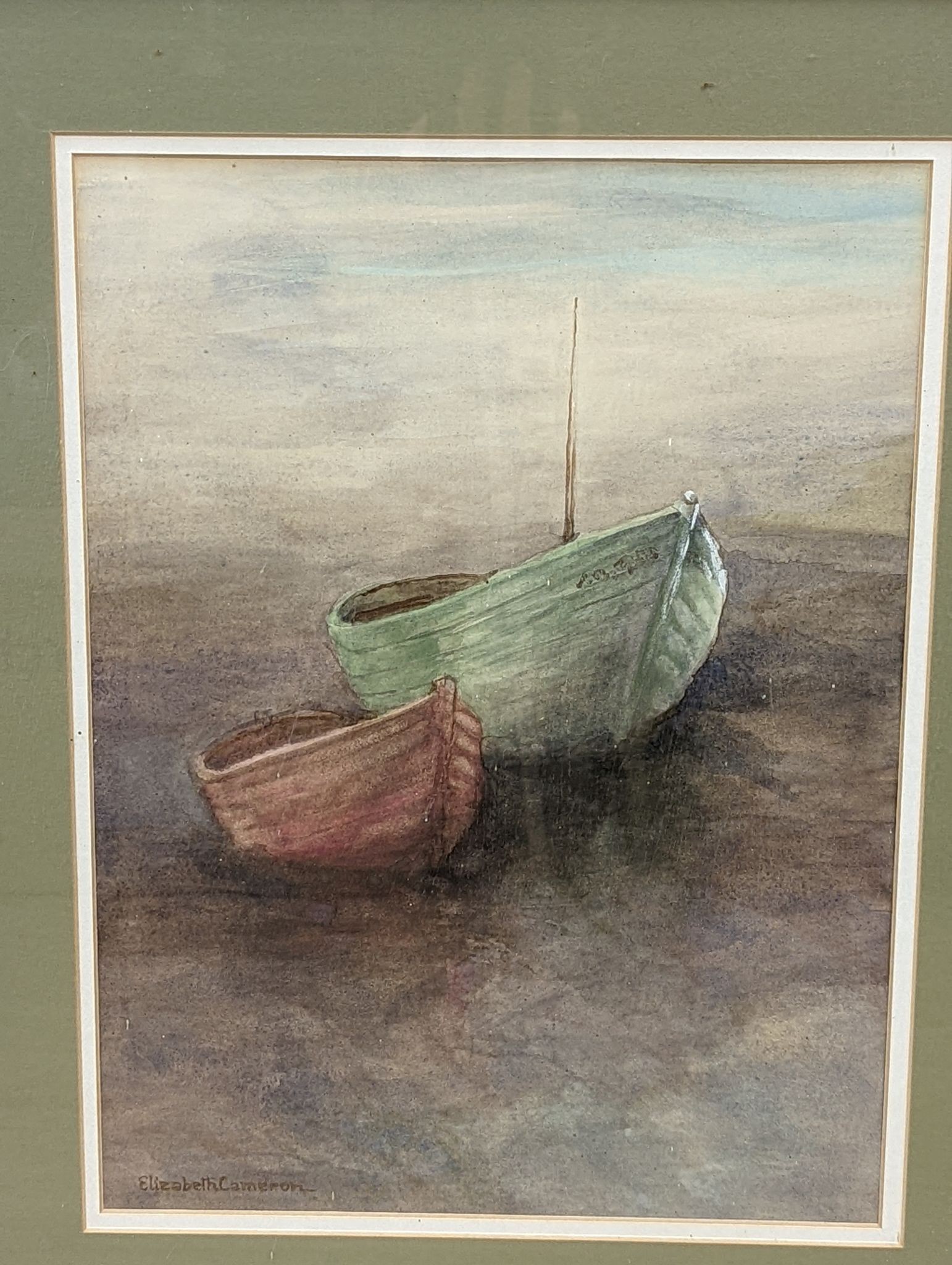 Frederick Galden, watercolour, Sailing dingy on an estuary, signed and dated 1986, 52 , x 35cm and an Elizabeth Cameron watercolour of fhisng boats, 35 x 26cm
